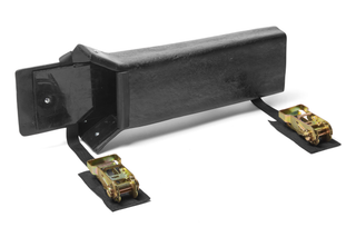 Studio image of a black protective cover with two attached ratchet straps.