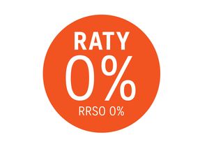 Grafika przedstawiająca "RATY 0%" i "RRSO 0%" białym tekstem na pomarańczowym owalnym tle.