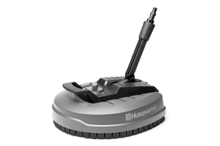 Front view of a Husqvarna surface cleaner with bristles and attachment handle.