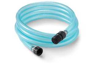 Coiled garden hose with connectors on both ends, shown in a studio setting.