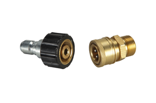 Two metal connectors, one with a black grip and the other with a brass finish, displayed side by side.