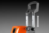 Close-up of a handle on a construction tool with an adjustable height feature.