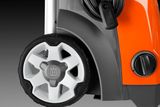 Close-up of a Husqvarna pressure washer wheel and hose reel.