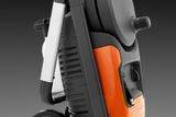 Side view of a compact, foldable pressure washer with wheels for easy transport.
