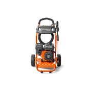 Front view of a Husqvarna pressure washer with visible engine and hose.