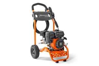 Front view of a Husqvarna pressure washer with wheels and ergonomic handle.