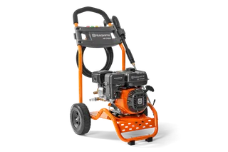 Front view of a Husqvarna pressure washer with wheels and ergonomic handle.