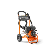 Front view of a Husqvarna pressure washer with wheels and ergonomic handle.