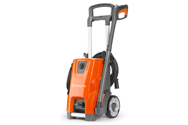 Front view of a Husqvarna pressure washer with wheels and hose.