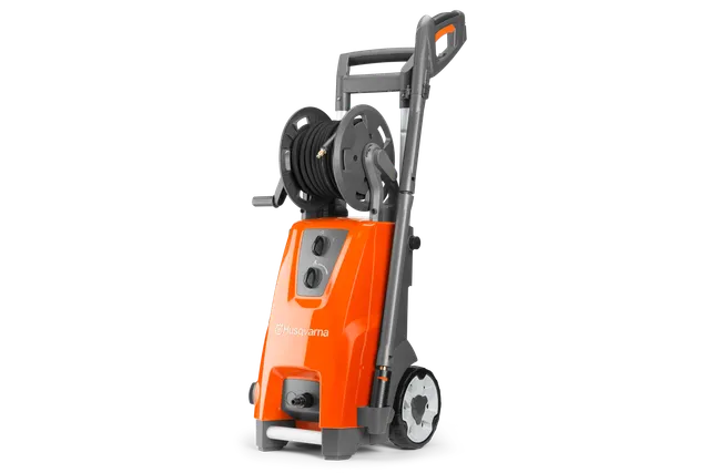 Side view of a Husqvarna pressure washer with hose reel and wheels.