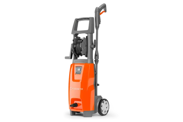 Side view of a Husqvarna pressure washer with wheels and hose reel.