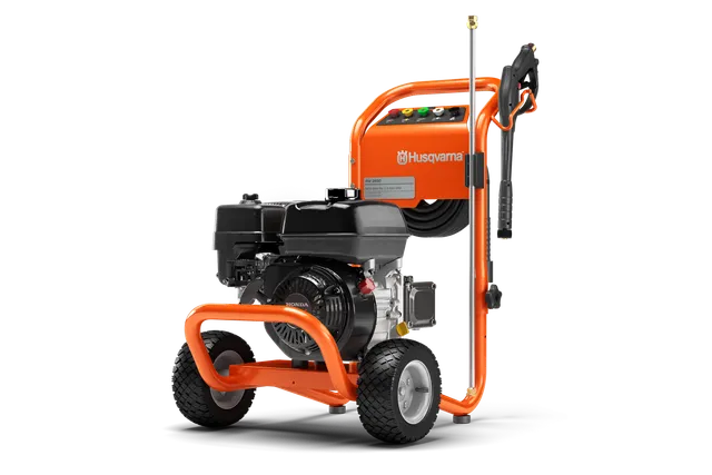 HH36 - 3600 PSI Pressure Washer. Front view of a Husqvarna pressure washer with a Honda engine.