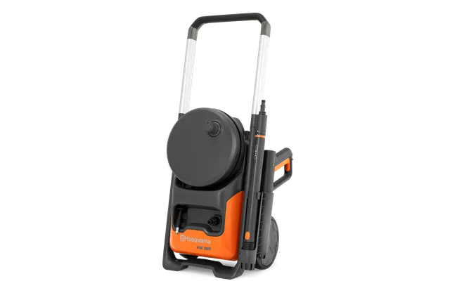 Front view of a Husqvarna pressure washer with hose reel and handle.