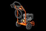 Side view of a construction pressure washer with hose and ergonomic handle.
