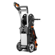 Rear view of a pressure washer with hose reel and large wheels.