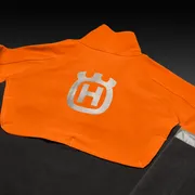 Rear view of a work jacket with a prominent logo on the back.