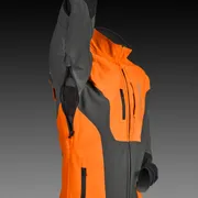 Side view of a work jacket with a raised arm, showcasing ventilation zippers.