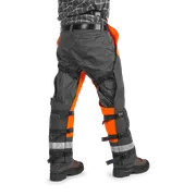 Rear view of a person wearing work trousers with reflective straps and sturdy boots.