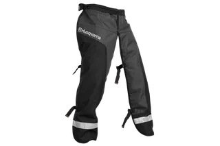 Functional Apron Chainsaw Chaps. Front view of Husqvarna chainsaw protective trousers with reflective bands.