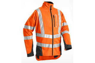 Front view of a Husqvarna high-visibility work jacket with reflective strips.