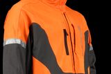 Side view of a Husqvarna work jacket with reflective stripes and multiple pockets.