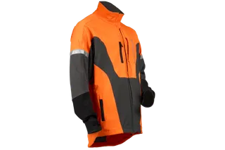 Side view of a Husqvarna work jacket with reflective stripes and multiple pockets.