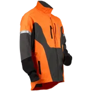 Side view of a Husqvarna work jacket with reflective stripes and multiple pockets.