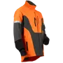 Side view of a Husqvarna work jacket with reflective stripes and multiple pockets.