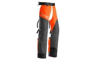 Front view of Husqvarna protective chainsaw chaps with adjustable straps.
