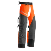 Front view of Husqvarna protective chainsaw chaps with adjustable straps.