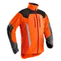 Front view of a Husqvarna work jacket with reflective elements and multiple pockets.