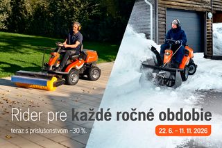Rider Husqvarna s kefou a snehovou frézou na terasu a príjazdovú cestu. Promo −30%, 22.6–11.11.2026.