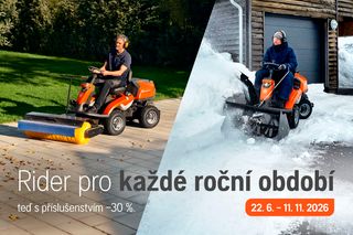 Two scenes: rider with broom sweeping a patio; rider with snow blower clearing a driveway.