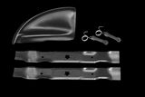 Top view of lawn mower blades and accessories, including a protective cover and hooks.