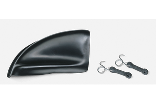 Top view of a black accessory part with two metal hooks and clips.
