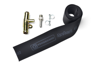 Top view of a Hydroscand AbraGuard hose with connectors and clamps.
