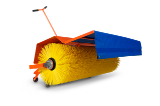 Side view of a large industrial sweeper with yellow bristles and a blue cover.