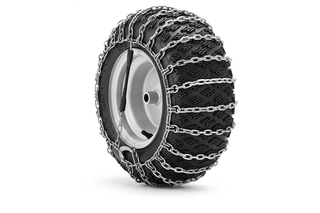 Seria zdjęć przedstawiających oponę z łańcuchami śniegowymi, pojedynczymi łańcuchami i felgą.