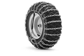 A series of images showing a tire with snow chains, individual chains, and a wheel rim.