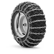 A series of images showing a tire with snow chains, individual chains, and a wheel rim.