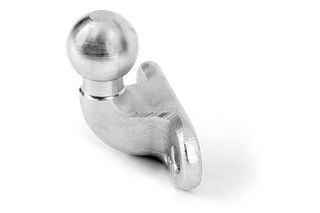 Side view of a metal tow hitch ball with mounting bracket.