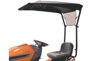 Front view of a Husqvarna ride-on mower with a sunshade canopy.