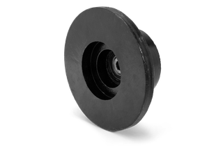 Set fra siden af en sort metalskive med et centralt hul, muligvis tilbehør.