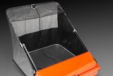 Side view of a garden leaf collector with a mesh bag and metal frame.