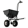 Side view of a garden spreader with large wheels and a handle.