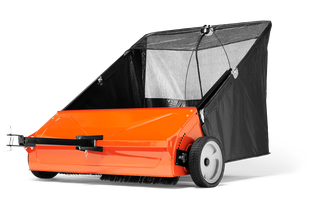 Side view of a lawn sweeper with a collection bag and wheels.
