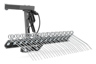 Side view of a metal rake attachment for a garden tool.