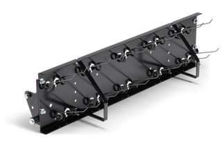 Front view of a metal attachment component with multiple hooks and bolts.