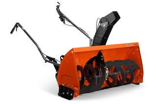 Front view of a Husqvarna snow blower attachment, showcasing its auger and chute design.