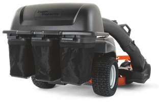 Rear view of a lawn mower with a super capacity grass collection system.